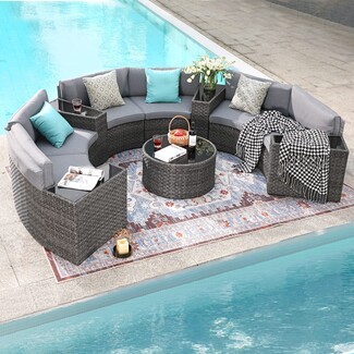 Half Moon Sectional: Woven Grey Rattan with Integrated Wedges