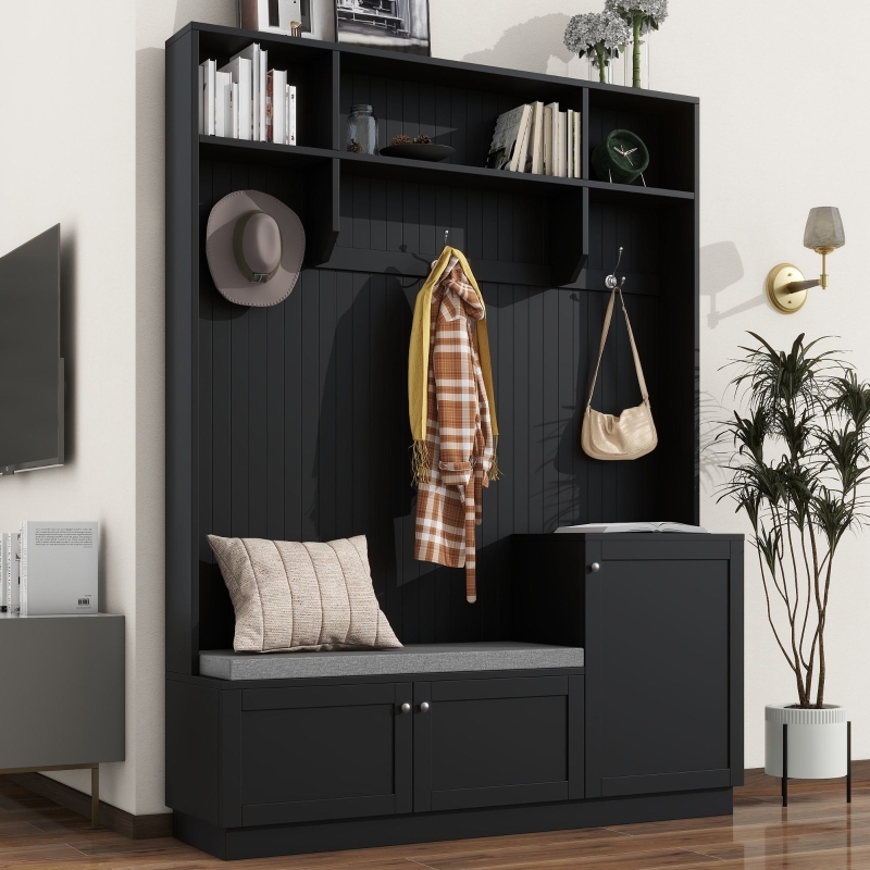 Hall Tree Beadboard Backing Matte Black Foyer Organizer
