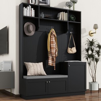 Hall Tree Beadboard Backing Matte Black Foyer Organizer