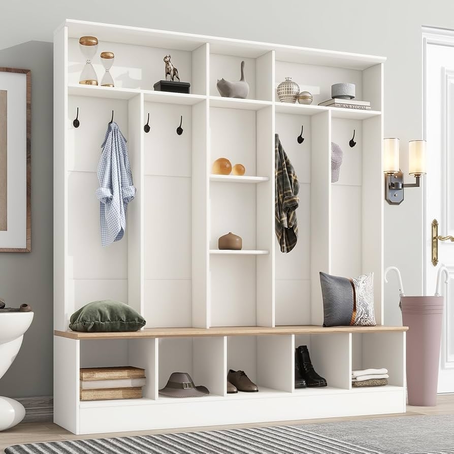 Hall Tree Eight Hooks Matte White Mudroom Storage Unit