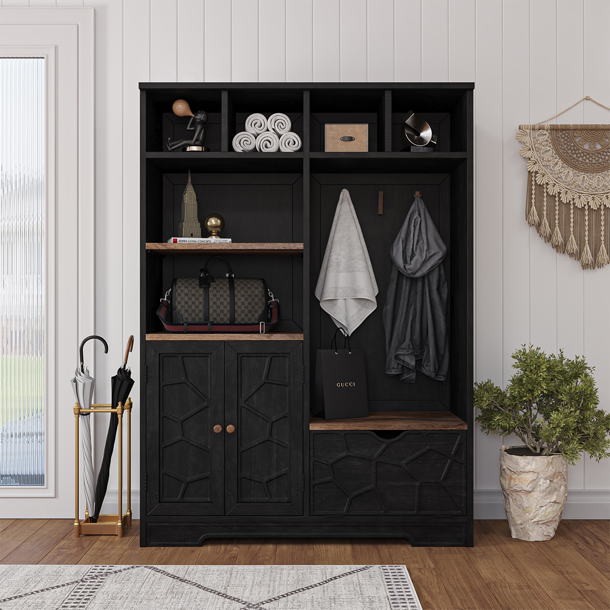 Hall Tree Geometric Carved Doors Black Mudroom Unit