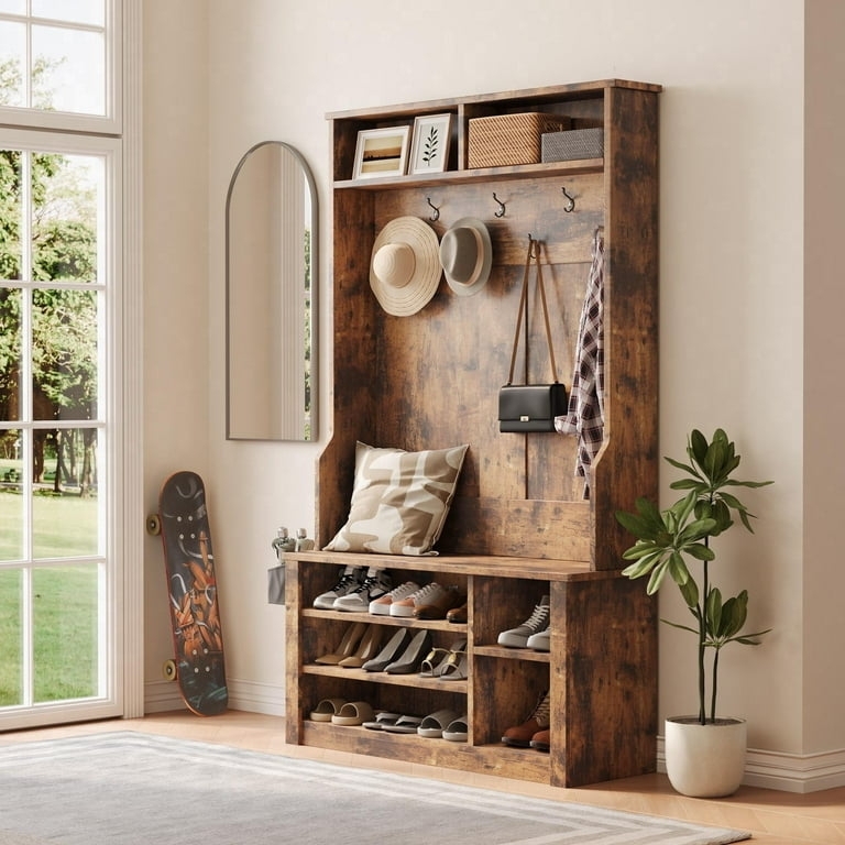 Hall Tree Nine Shoe Cubbies Rustic Mudroom Storage Rack