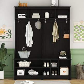 Hall Tree Silver Hooks Matte Black Entryway Storage Bench