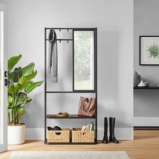 Hall Tree Slim Metal Frame Industrial Hall Tree Mirror