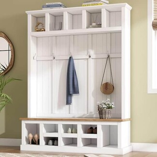 Hall Tree Thirteen Storage Compartments White Mudroom Unit