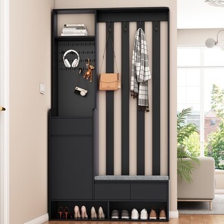 Hall Tree with Pegboard and Black Entryway Storage Bench