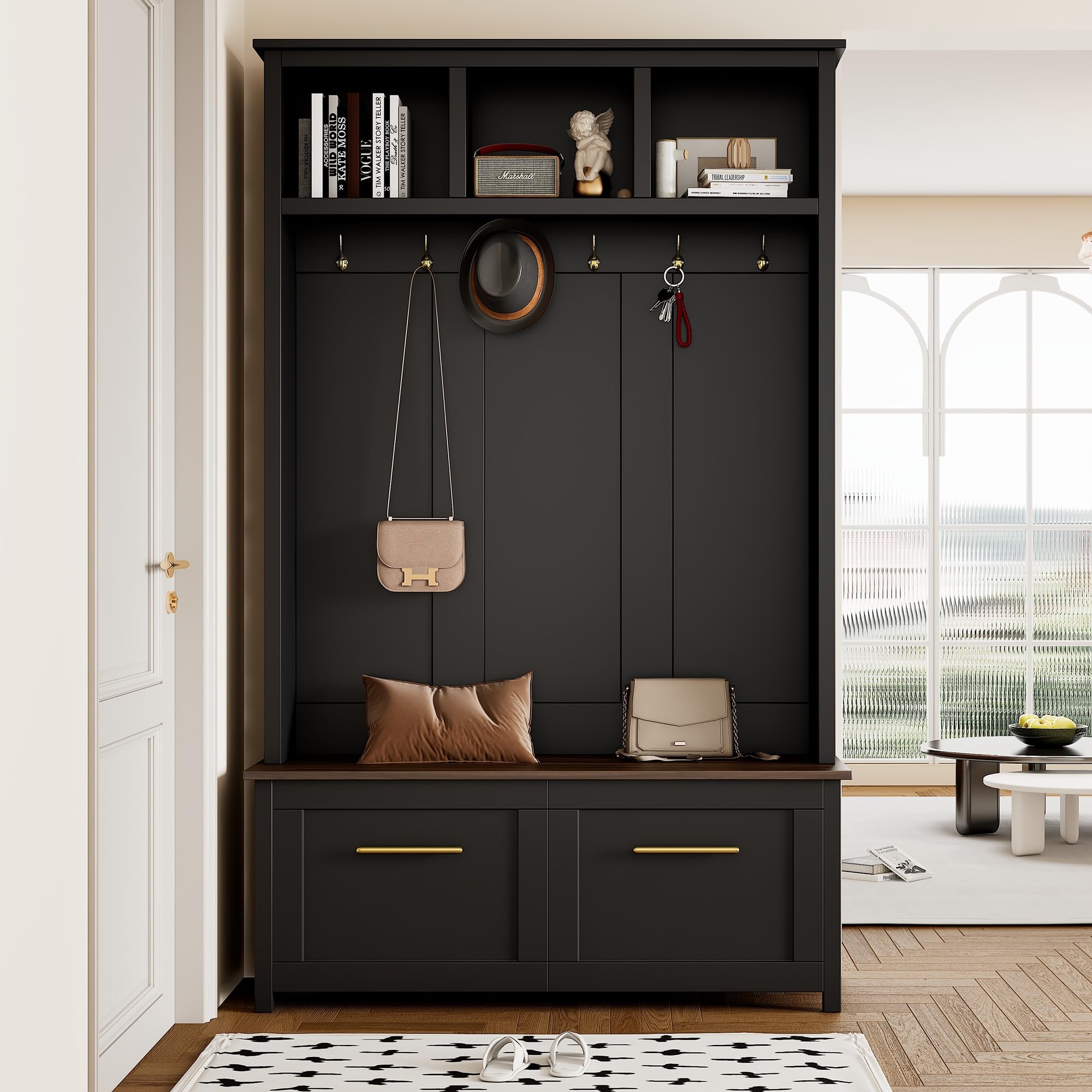 Hall Tree Wood Grain Walnut and Black Entryway Furniture