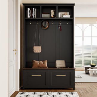 Hall Tree Wood Grain Walnut and Black Entryway Furniture