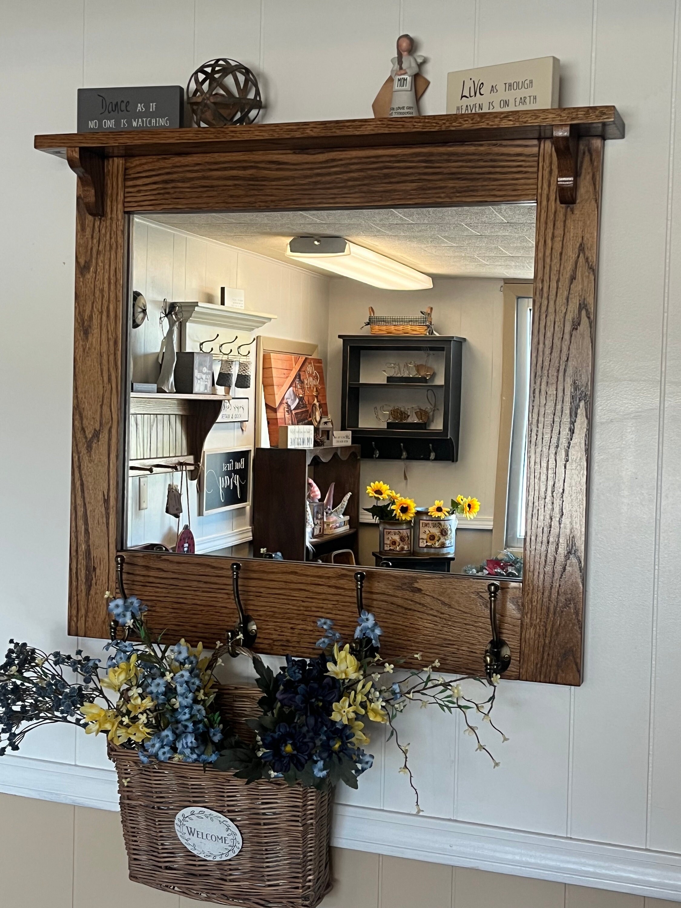 Hallway Mirror: Multi Hook Base, Integrated Oak Shelf