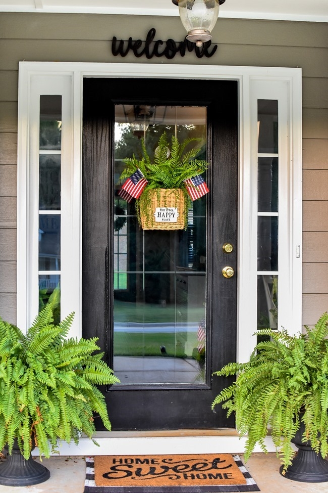 Hanging Door Basket Over Buffalo Check Rug for Patriotic Door Decor