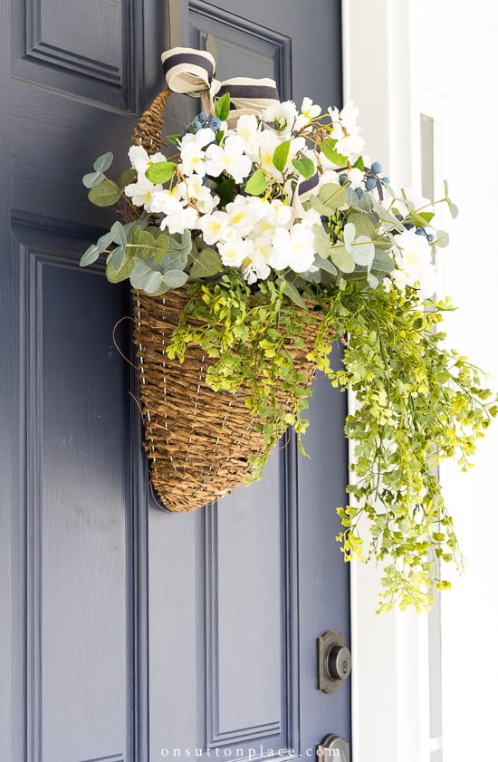 Hanging Door Basket with Trailing Greenery for Navy Blue Front Door