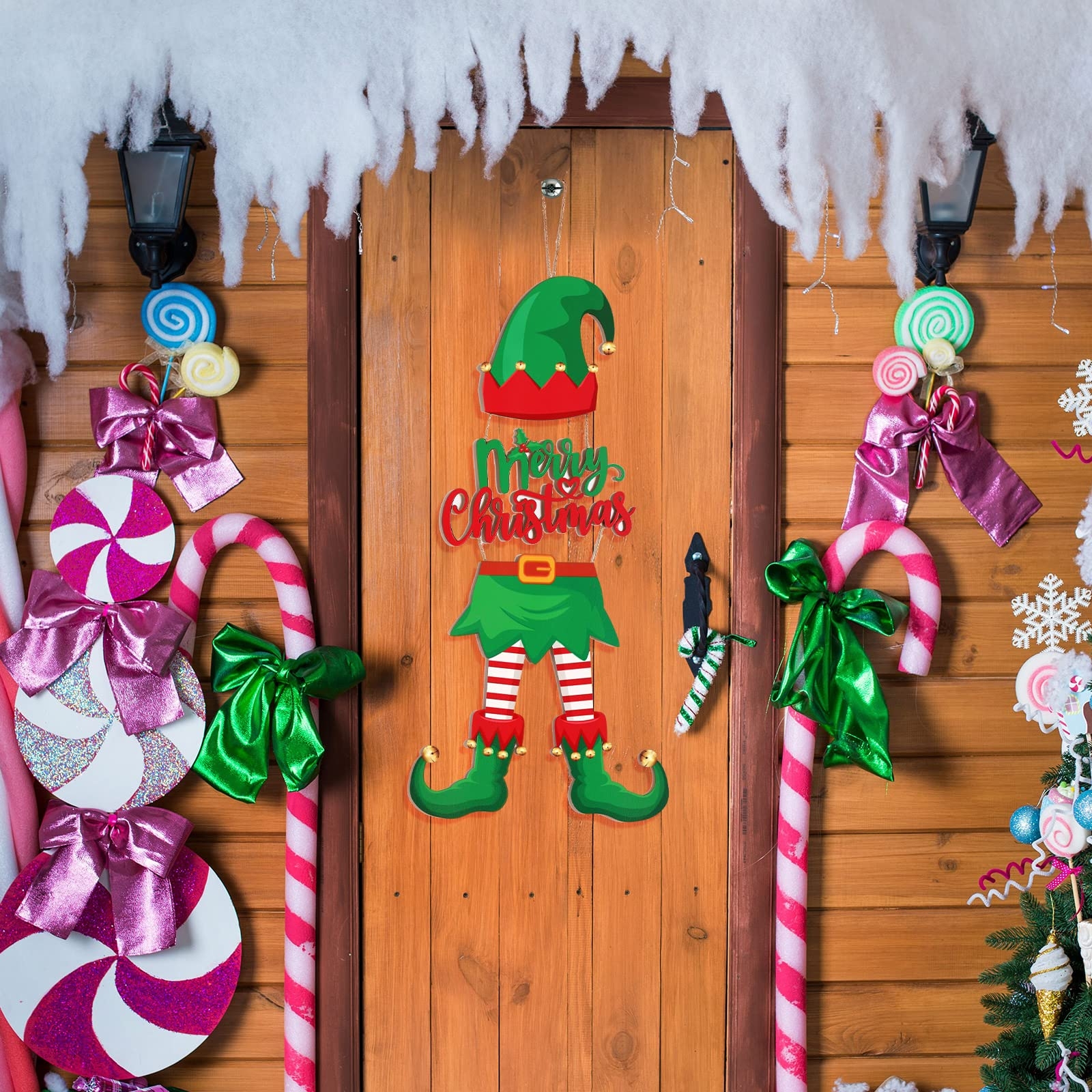 Hanging Door Sign Multi Piece Hanging Elf with Peppermint Swirls