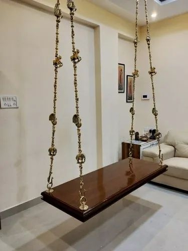 Hanging Swing With Figurative Brass Chains and Wood Seat