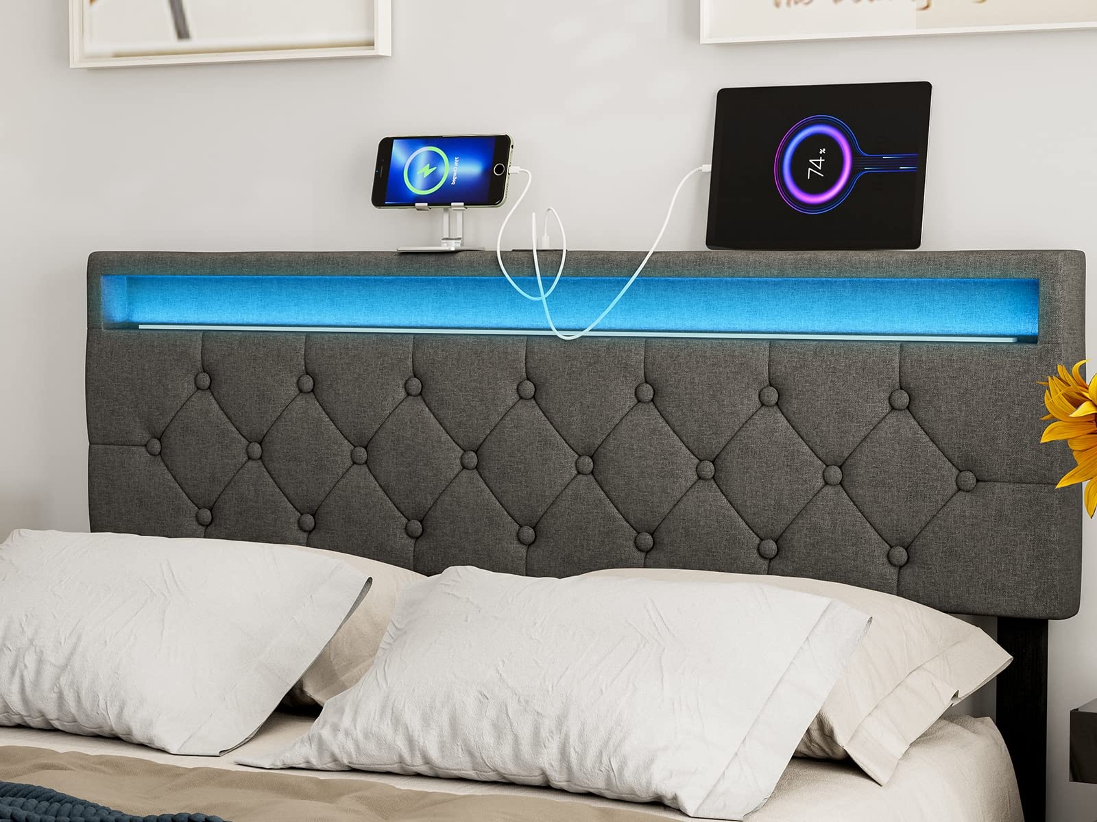 Headboard USB Charging Ports Modern Tufted Fabric Bed