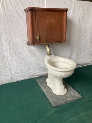 High Tank Toilet includes Embossed Relief and Victorian Wooden Cistern