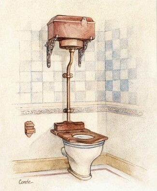 High Tank Toilet incorporates Scrollwork Brackets for Blue Checkerboard