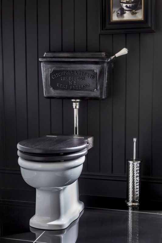 High Tank Toilet uses Embossed Cistern and Matte Black Paneling