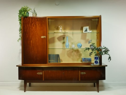 Highboard: Vintage 1960s Display Cabinet with Tapered Legs