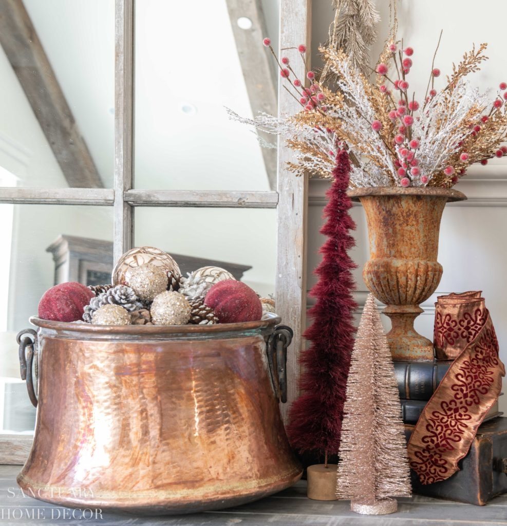 Holiday Centerpiece with Burgundy Bottlebrush Christmas Decor
