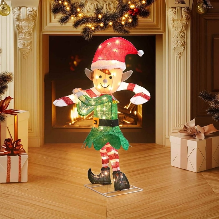 Holiday Decoration 38 Inch Height Lighted Elf with Candy Cane Prop