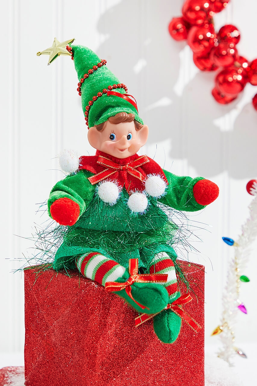 Holiday Elf Ornament with Pom Pom Accents and Tinsel Fringe Trim