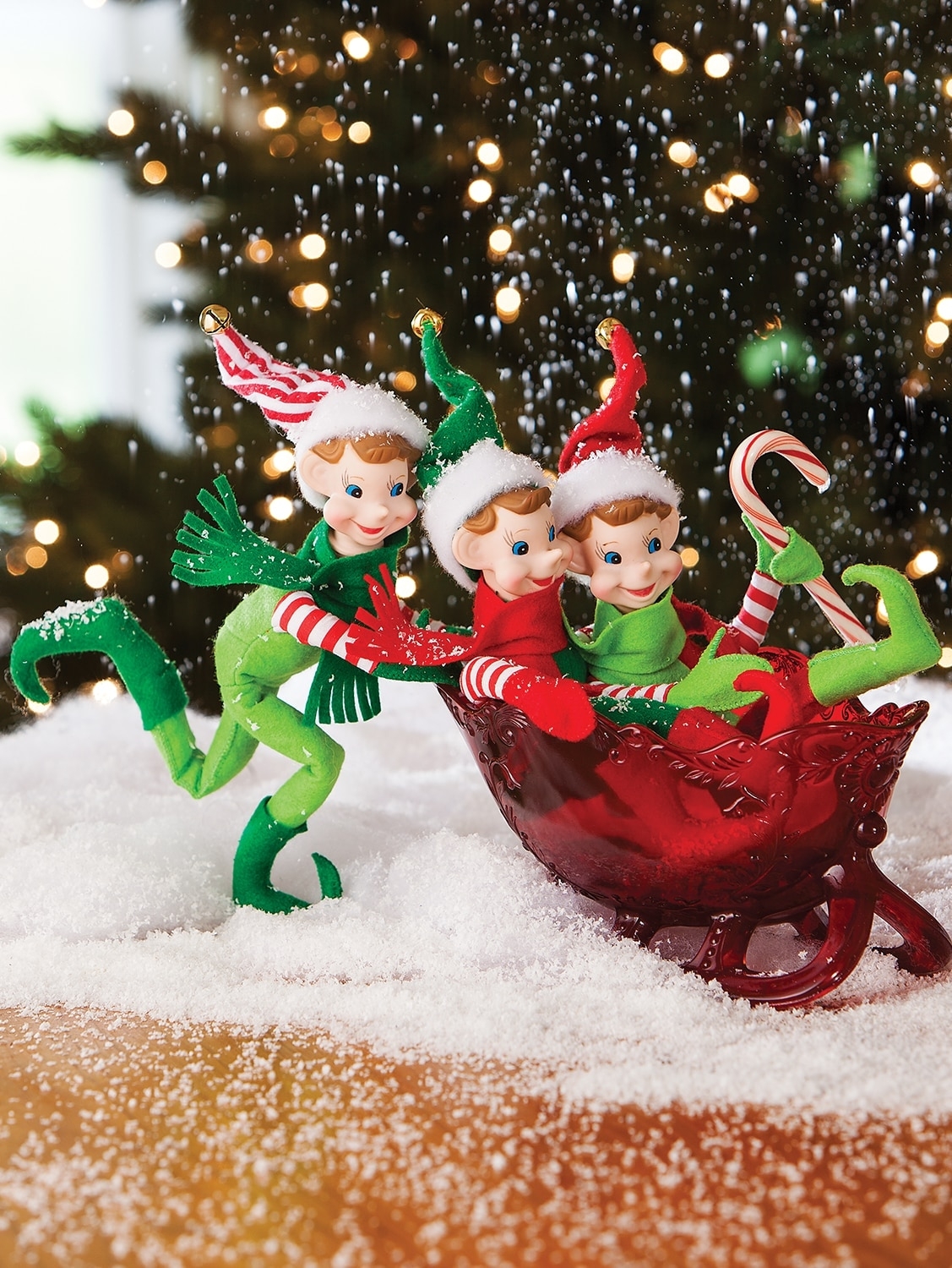 Holiday Figurines Translucent Red Sleigh Trio for Vintage Mantels