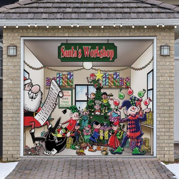 Holiday Garage Mural Elf Workshop Scene with Santa Claus Graphic