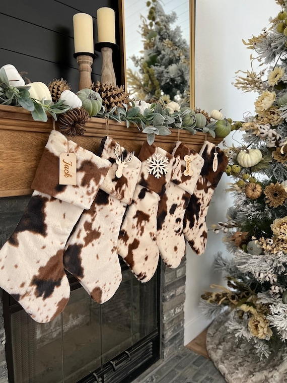 Holiday Stocking in Cow Print Pattern with Personalized Wooden Tags