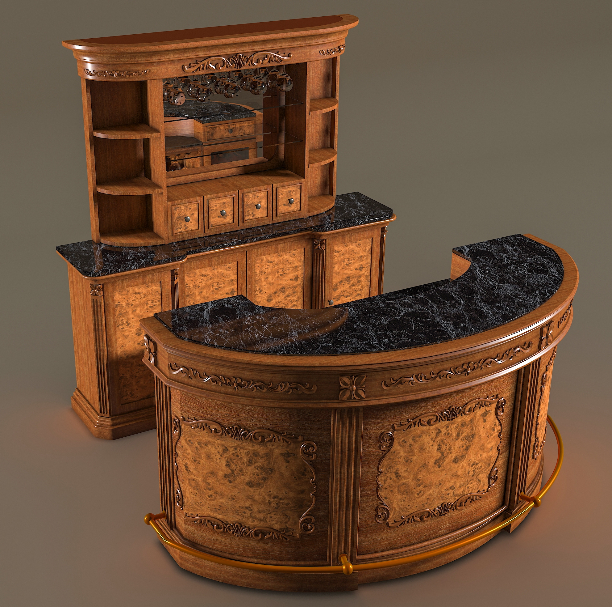 Home Bar Set with Curved Counter and Black Marble Top