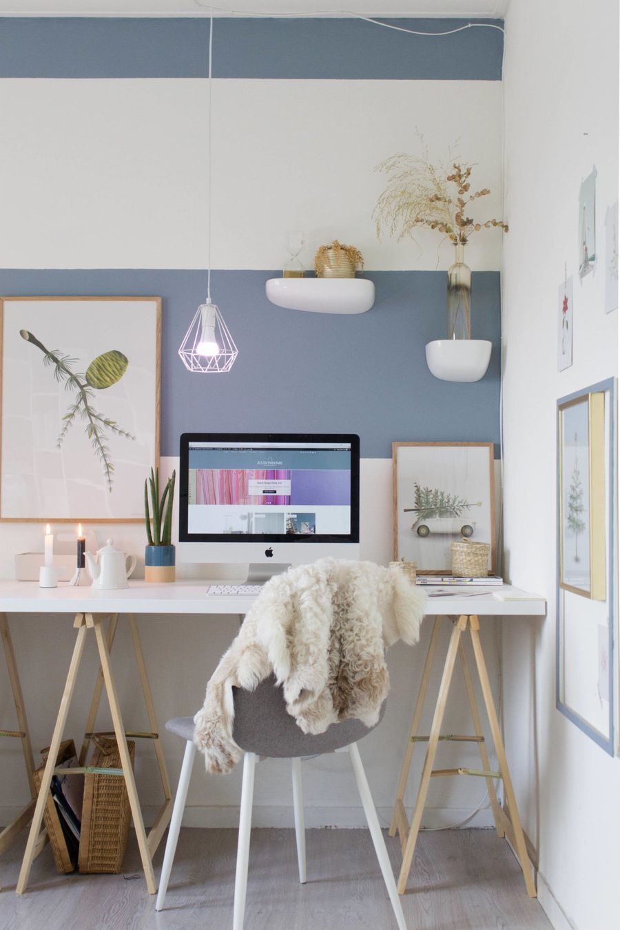 Home Office Desk: Blue Striped Wall for Blue Striped Accent Wall