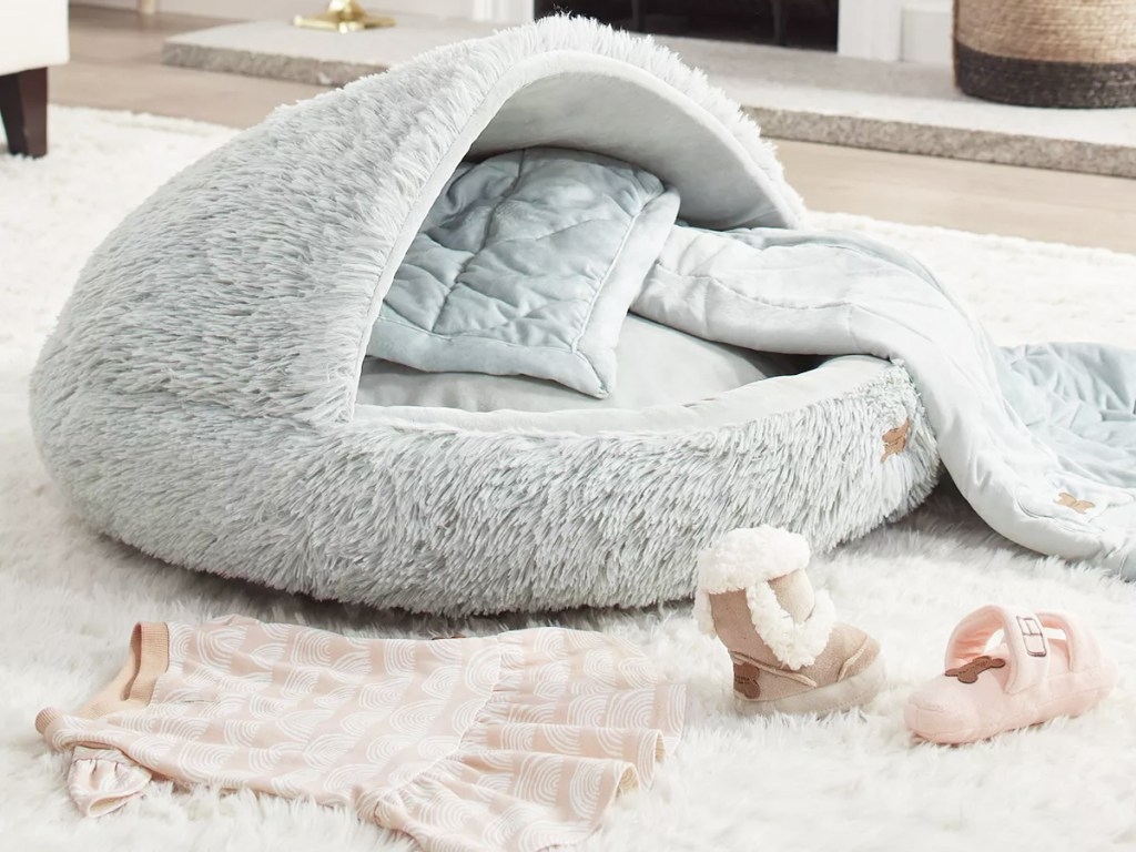 Hooded Pet Bed: Shaggy Dome Shape Cave Sanctuary Accessory