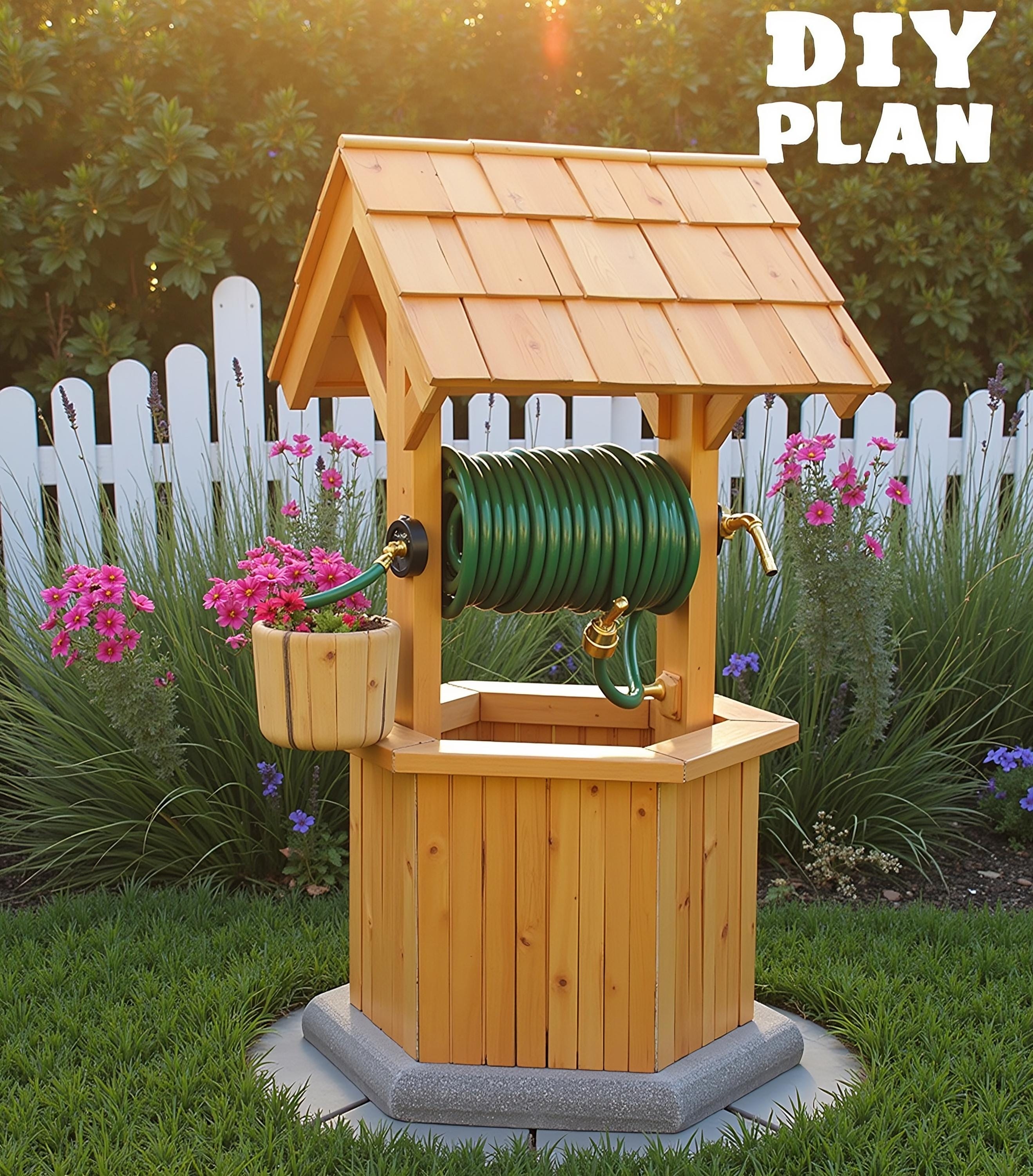 Hose Reel with Wishing Well Design and Integrated Wood Hose Storage