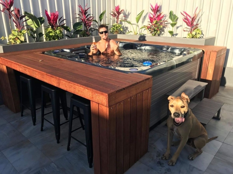 Hot Tub Bar: Reddish Brown Plank Finish Stool Seating