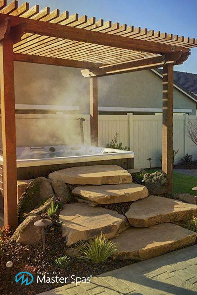 Hot Tub Pergola with Slab Stone Steps and Slatted Canopy