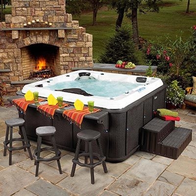 Hot Tub: Saddle Seat Stools Backyard Spa Fireplace Idea