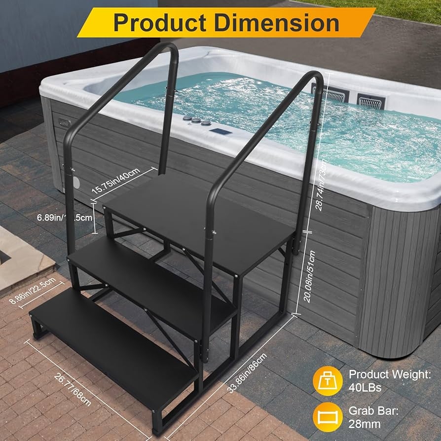 Hot Tub Stairs With Matte Black Metal and Three Step Design
