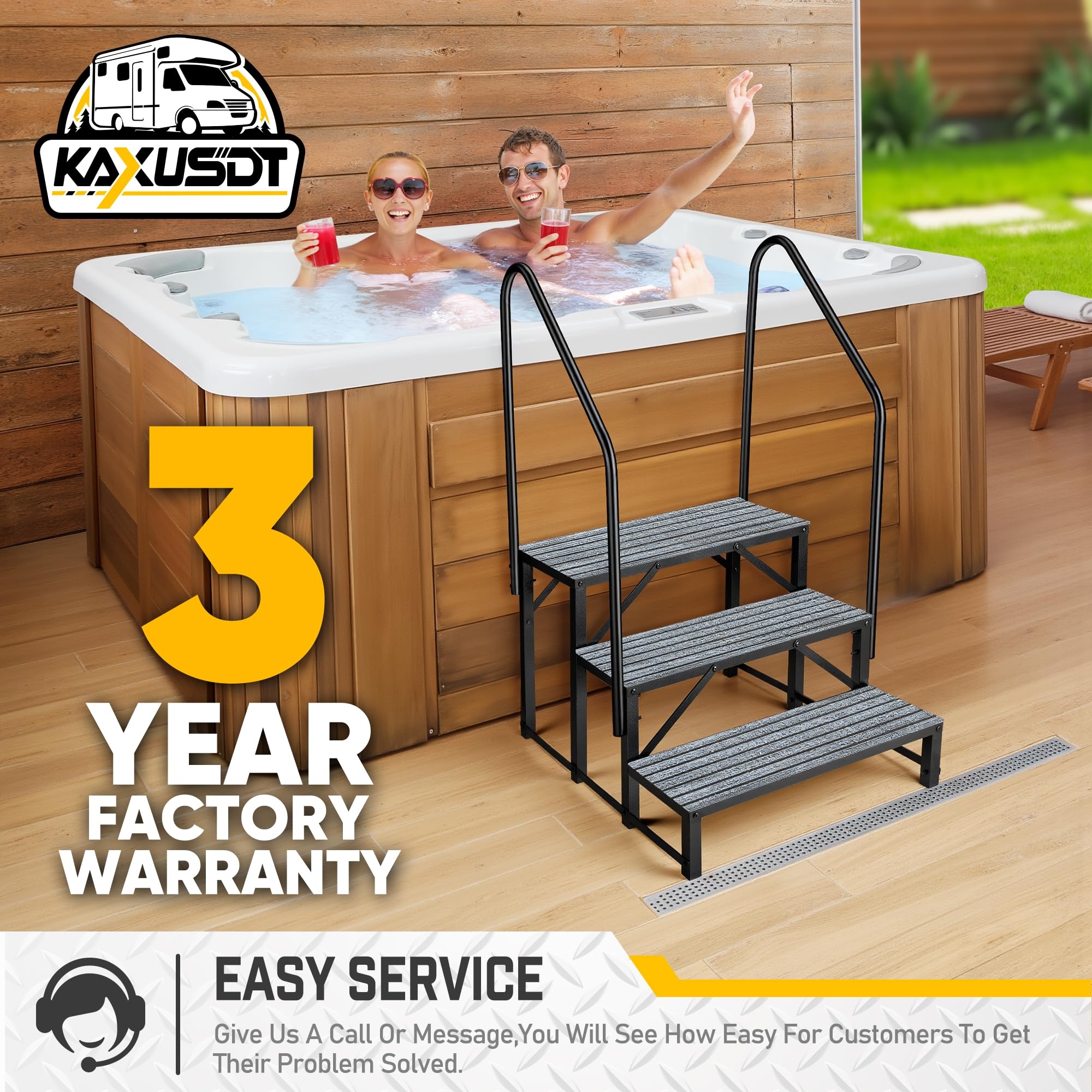 Hot Tub Steps With Dual Handrails and Non Slip Spa Treads
