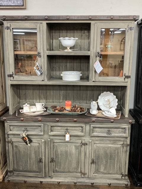 Hutch Buffet: Metal Stud Trim Weathered Gray China Cabinet