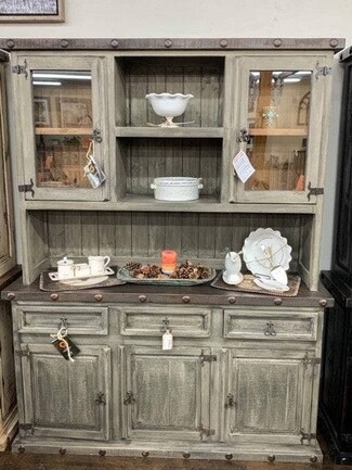 Hutch Buffet: Metal Stud Trim Weathered Gray China Cabinet