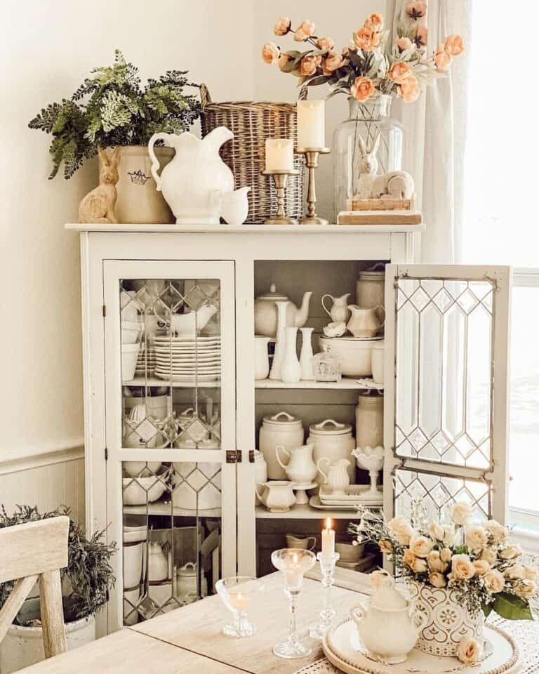 Hutch Cabinet Diamond Glass Panes White China Storage