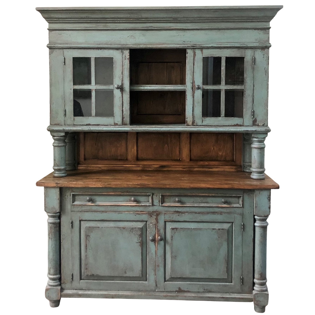 Hutch: Distressed Teal Turned Posts Rustic Credenza