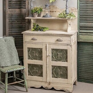 Hutch: Pressed Metal Panels Distressed White Pie Safe