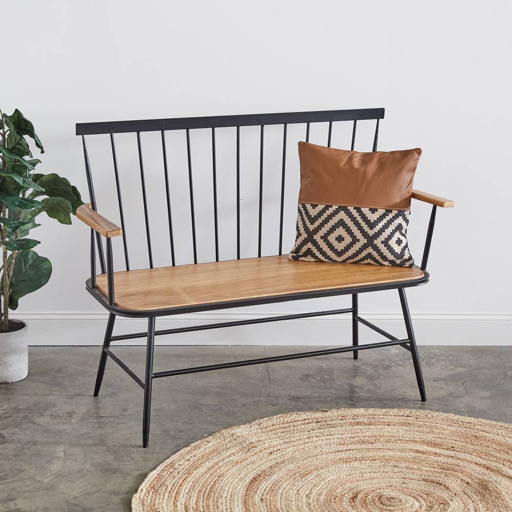Indoor Bench Matte Black Metal Wood Armrest Seat Seating