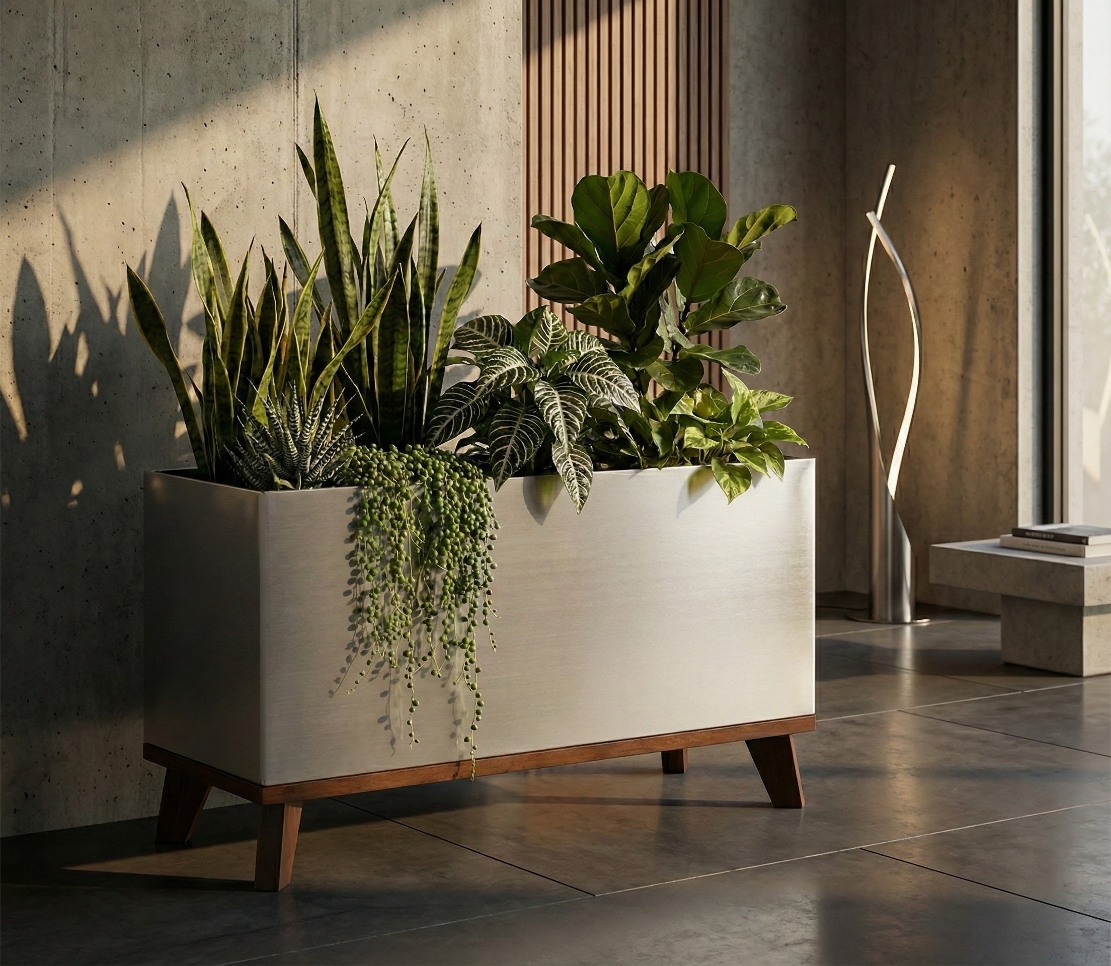 Indoor Planter Raised Wood Base Brushed Metal Silver Stand