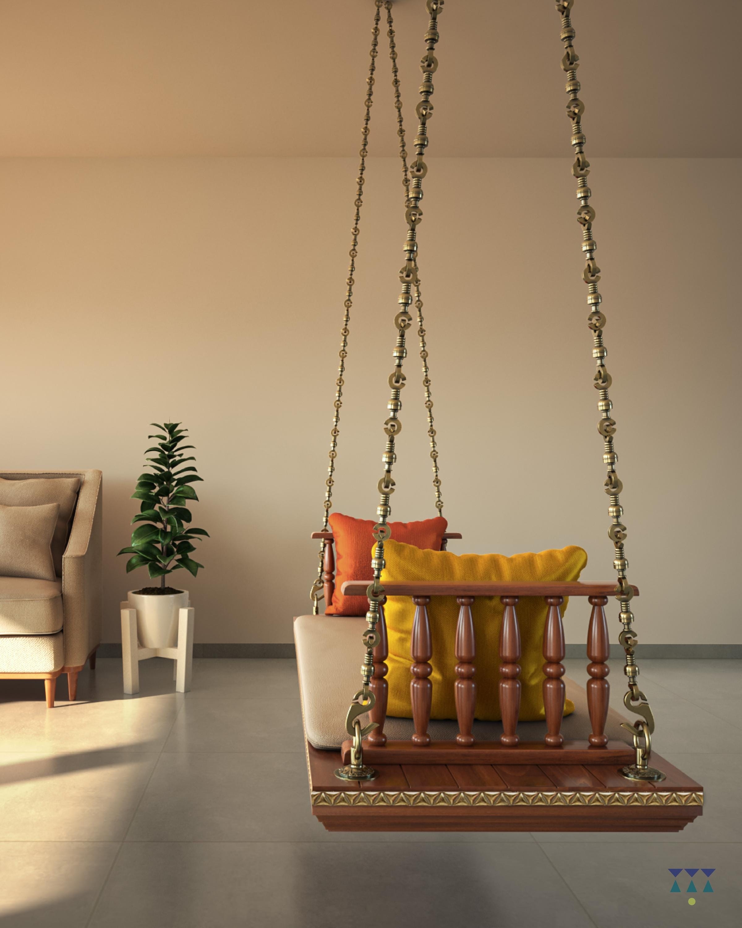 Indoor Swing Having Geometric Trim and Spindle Backrest