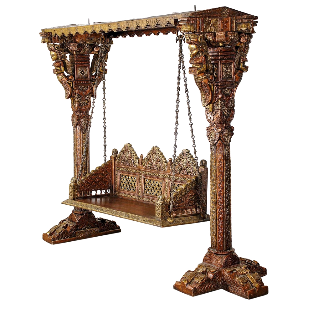 Indoor Swing With Figurative Carvings and Jali Backrest