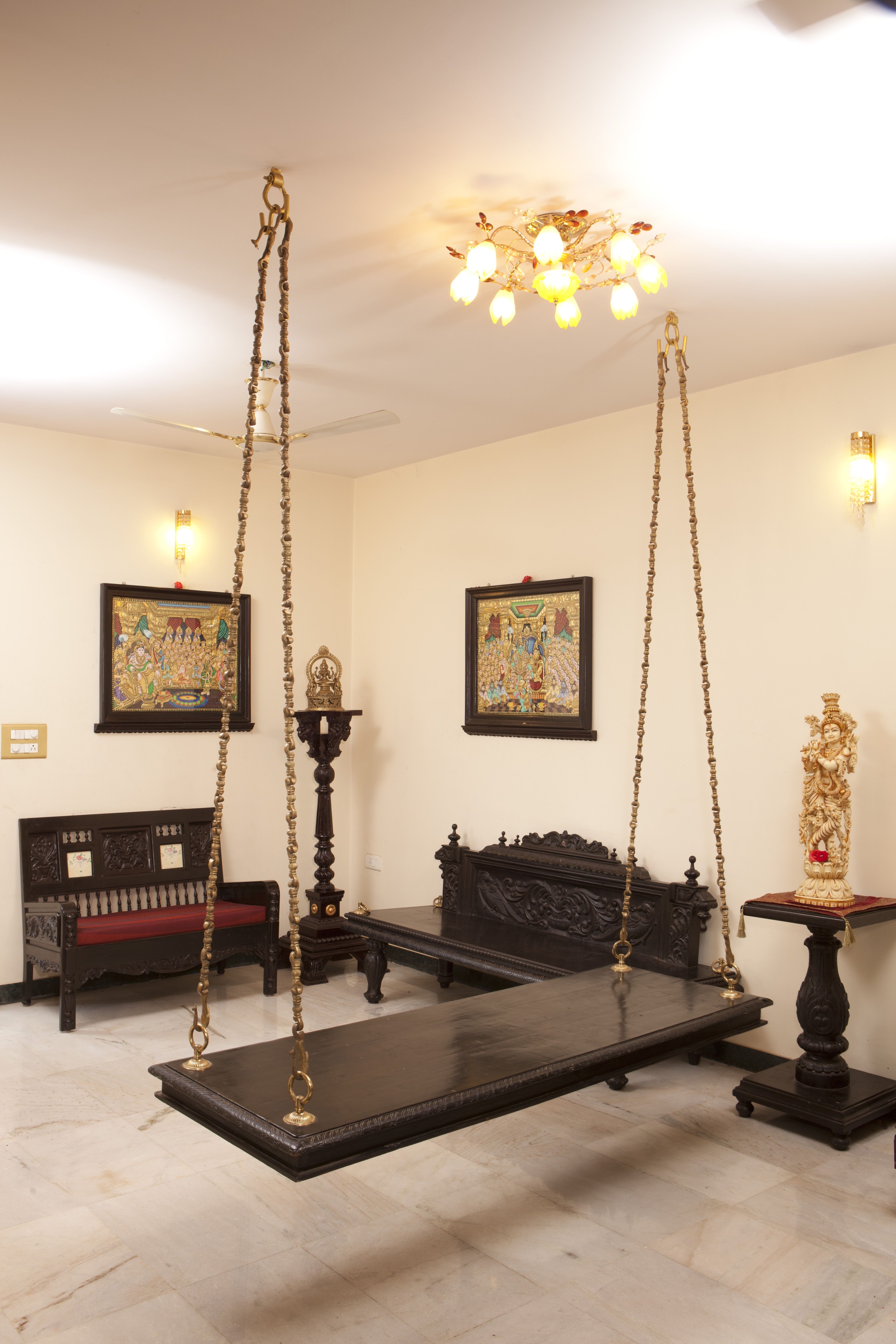 Indoor Swing With Heavy Brass Chains and Carved Platform