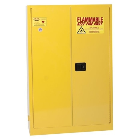 Industrial Cabinet with Hazard Signage: safety yellow flammable storage