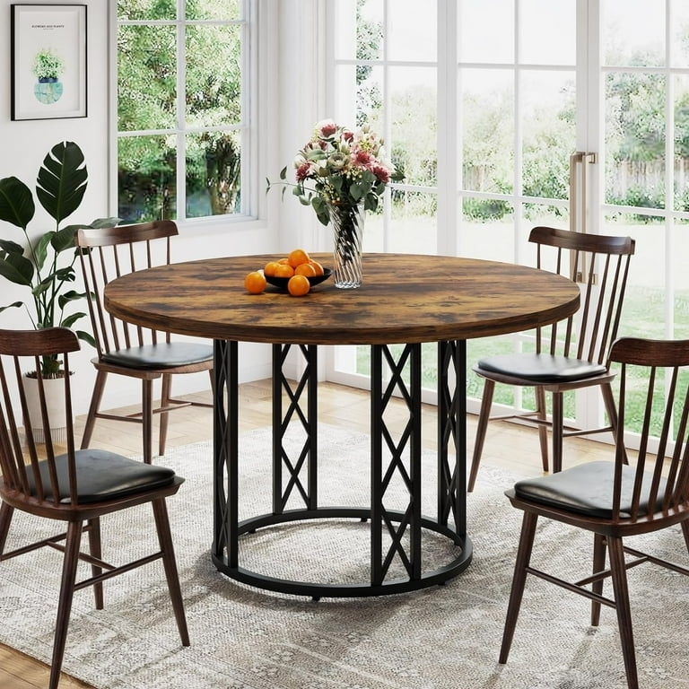 Industrial Dining Table with Lattice Metal Base and Wood