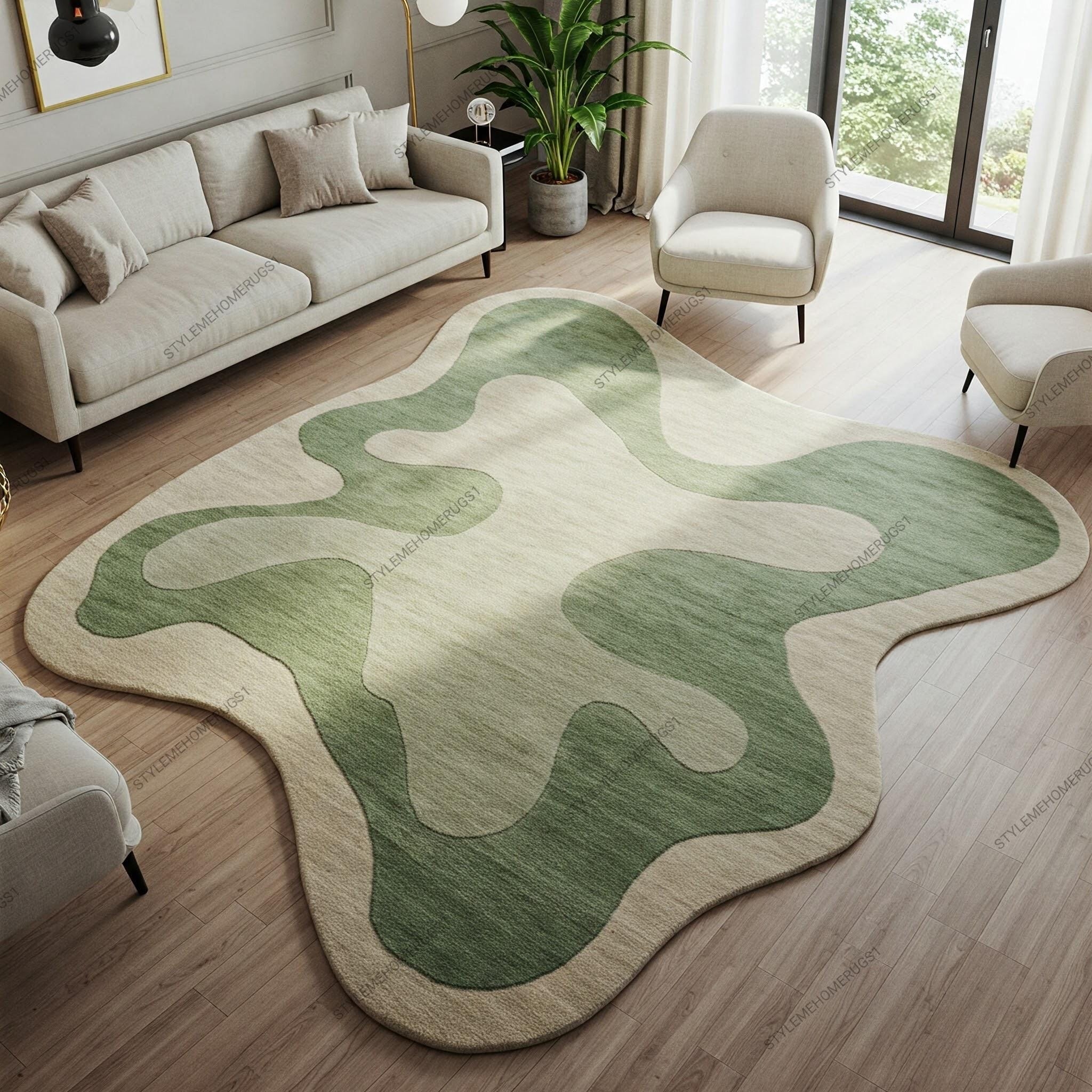 Irregular Rug Organic Modern Wavy Pattern Olive and Beige